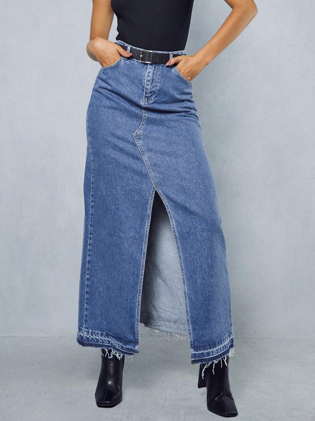 

MISSPAP Front Slit Frayed Hem Pure Cotton Denim Maxi Skirt, Navy blue