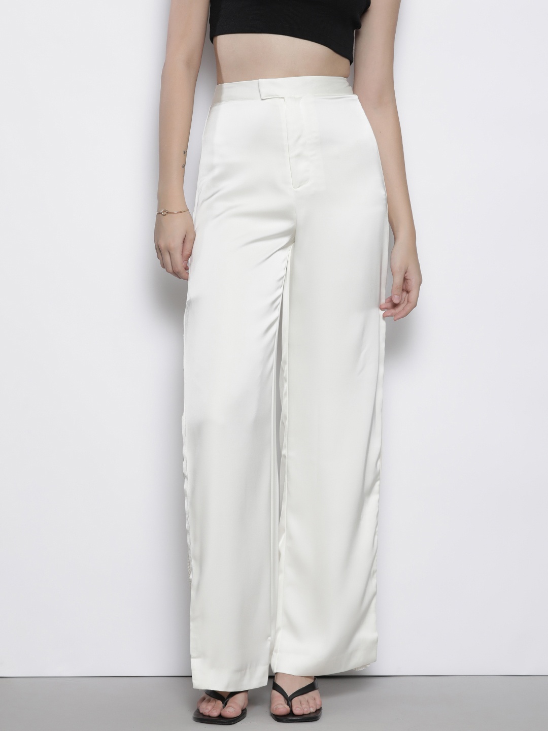 

MISSPAP Women Plisse Satin-Finish Wide Leg Trousers, Off white