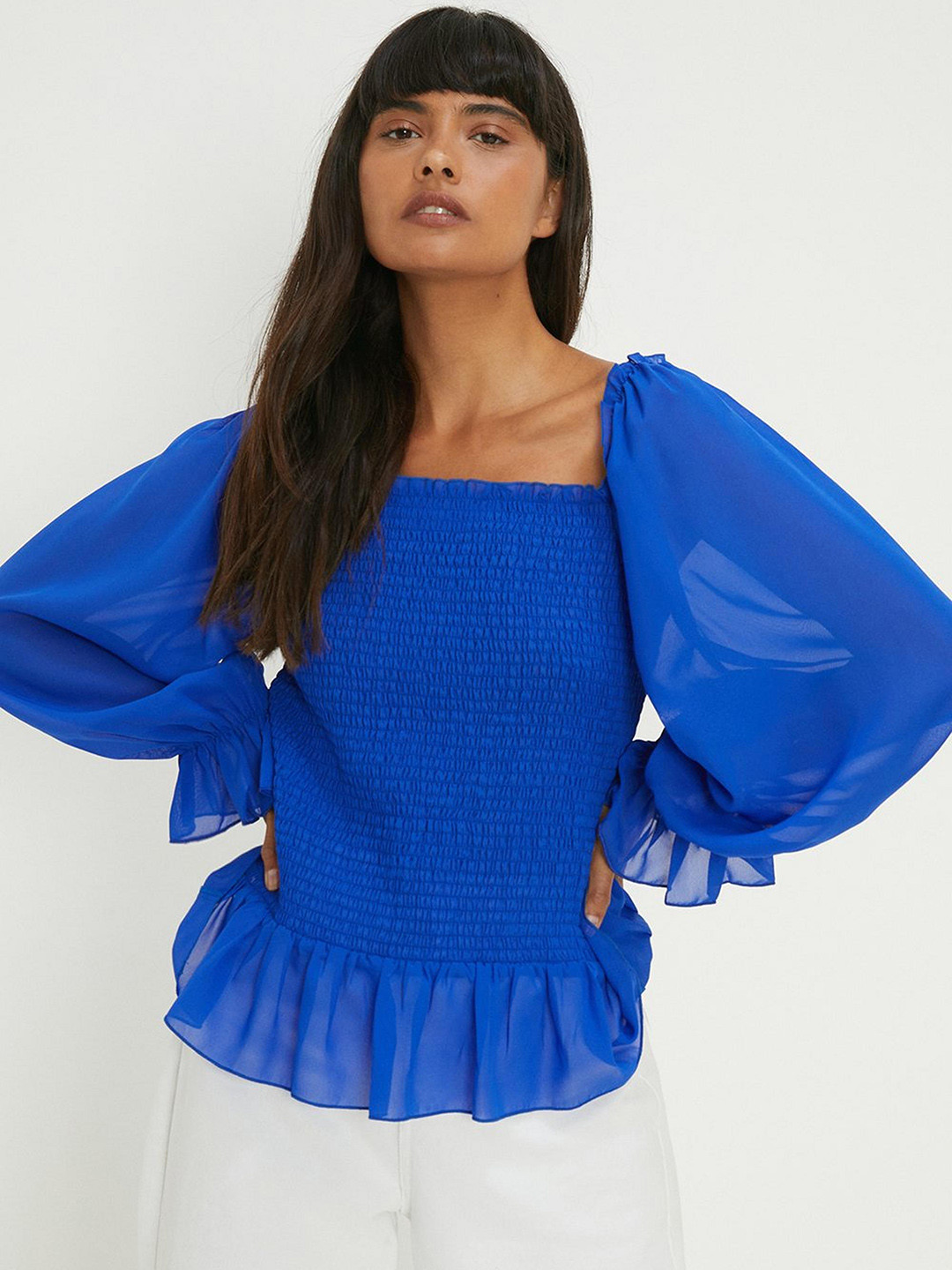 

DOROTHY PERKINS Chiffon Bell Sleeve Smocked Top, Blue