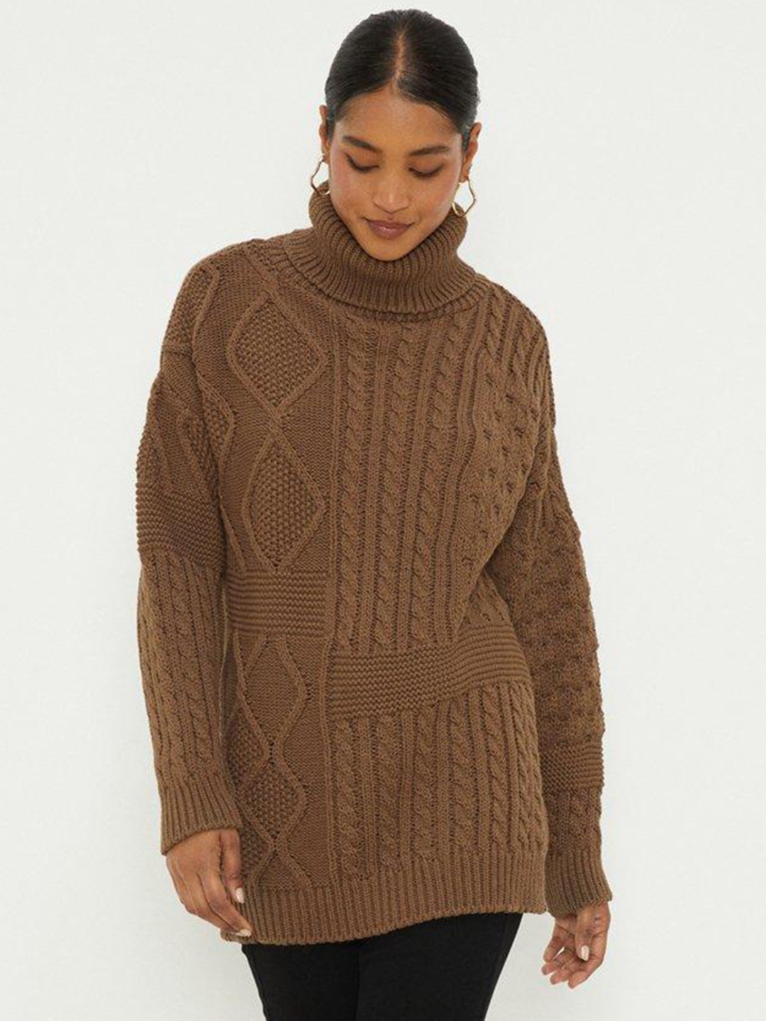 

DOROTHY PERKINS Pure Acrylic Cable Knit Longline Pullover, Brown