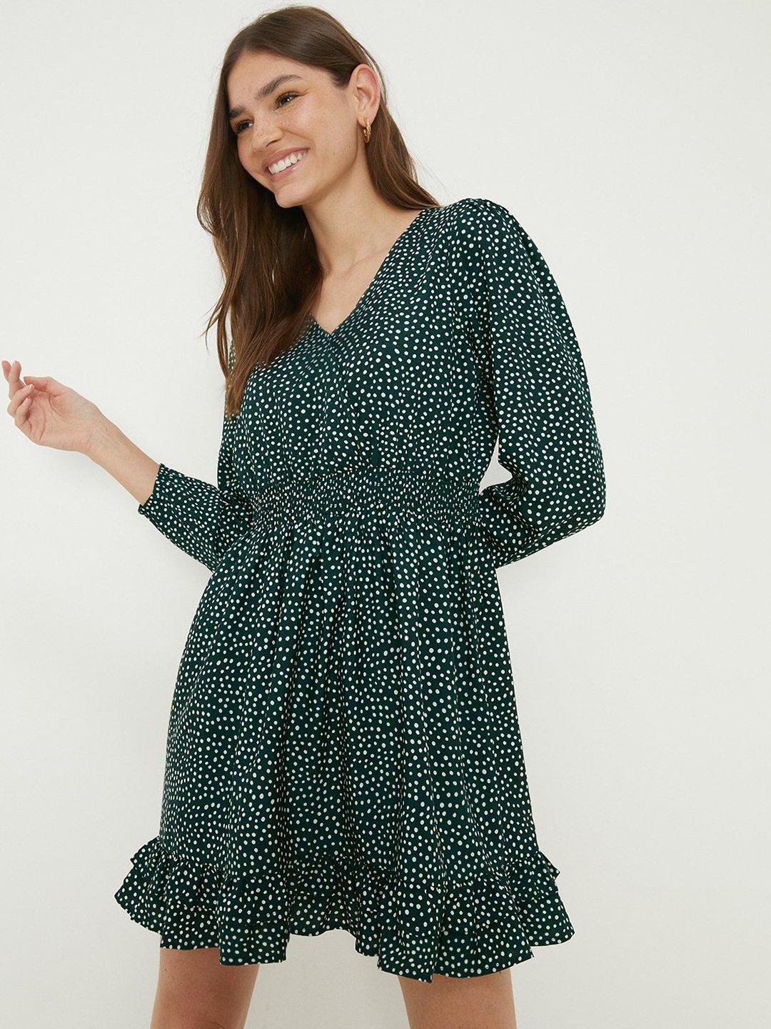 

DOROTHY PERKINS Polka Dot Print Shirred Waist Wrap Style Mini Dress, Green