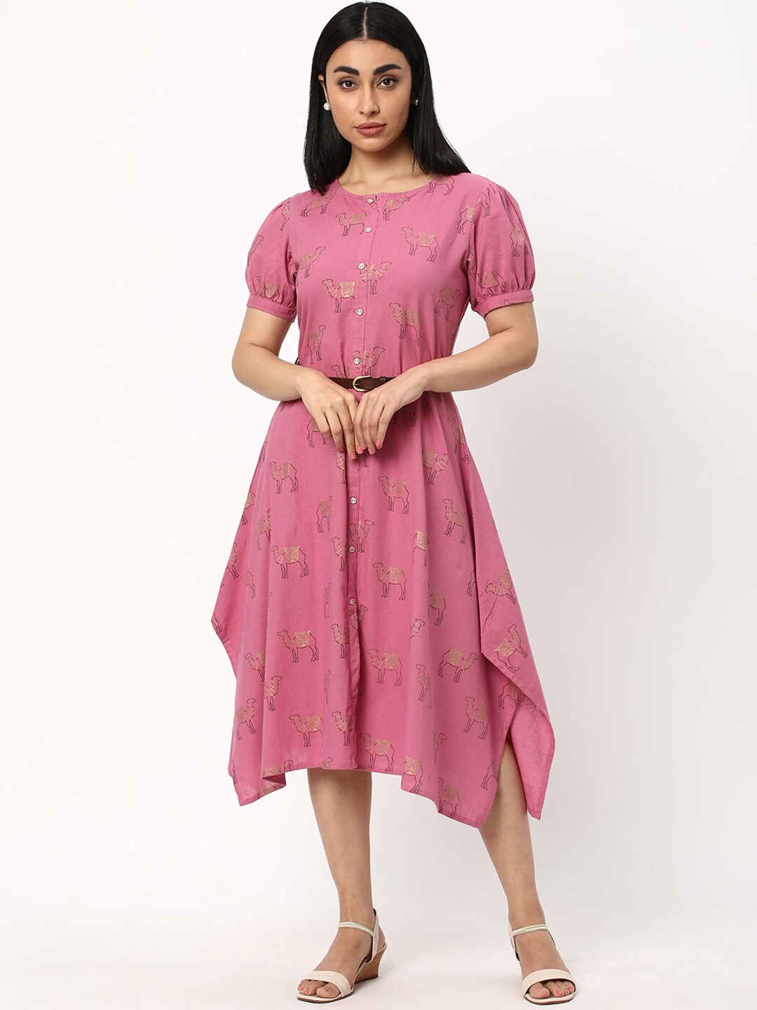 

R&B Printed Cotton Fit & Flared Midi Ethnic Dress, Pink