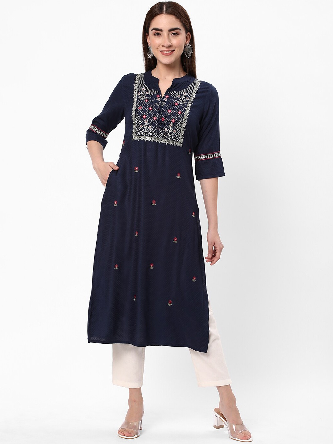 

R&B Ethnic Motifs Mirror Work Embroidered Anarkali Kurta, Navy blue