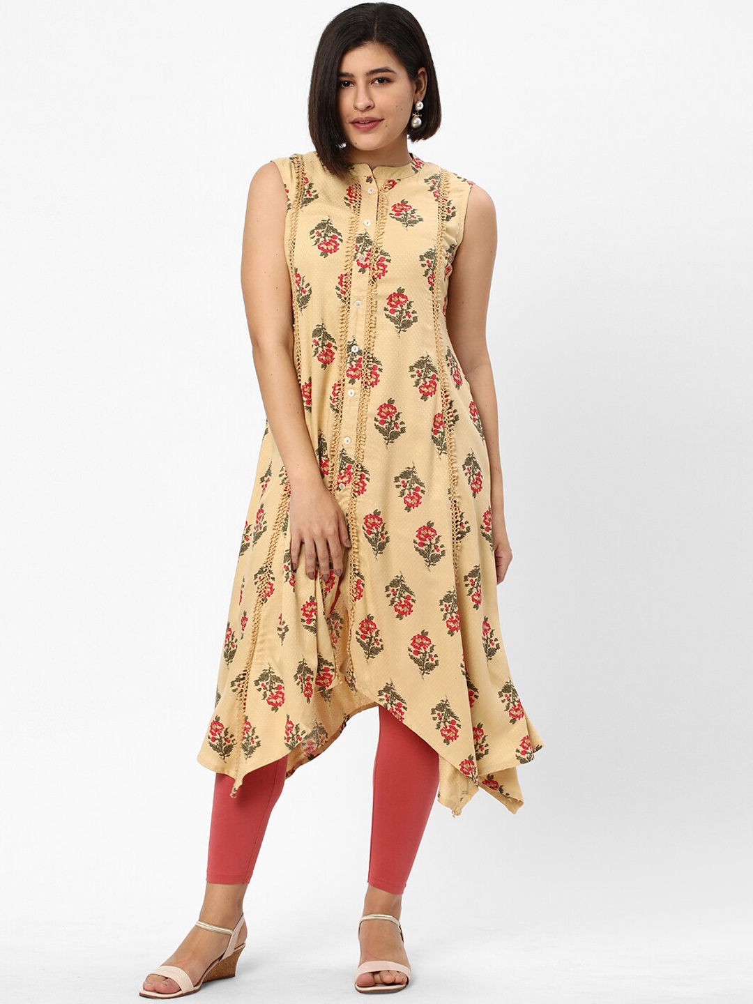 

R&B Floral Printed Mandarin Collar Thread Work A-Line Kurta, Beige