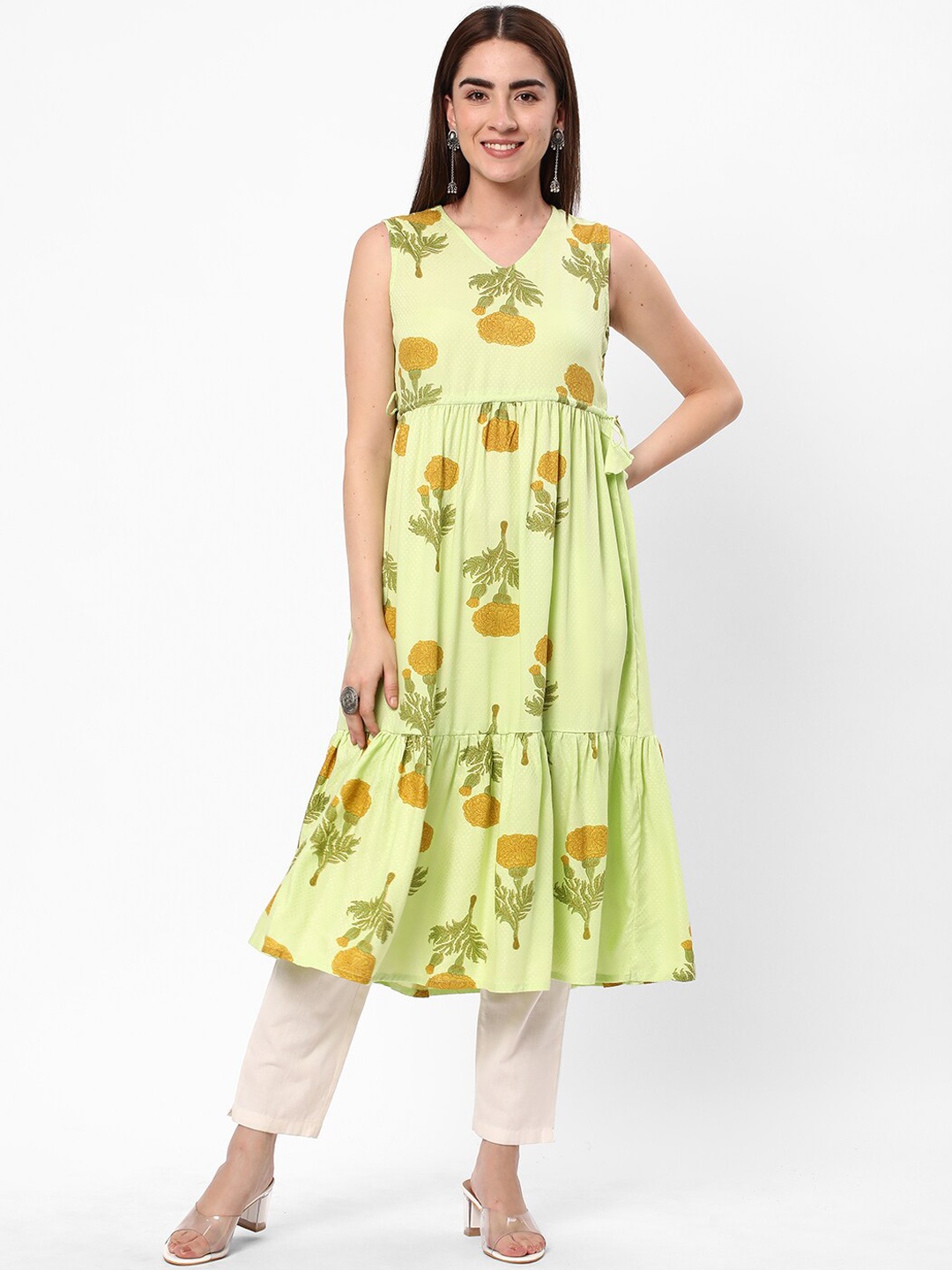 

R&B Floral Printed V Neck A-Line Kurta, Green