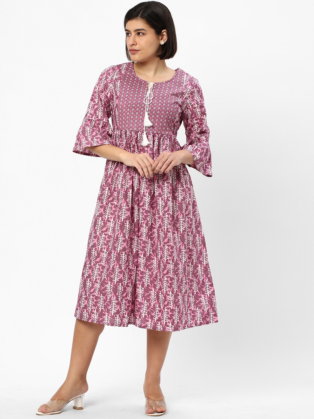 

R&B Ethnic Motifs Printed Round Neck Bell Sleeve Tie Ups Cotton A-Line Ethnic Dress, Mauve