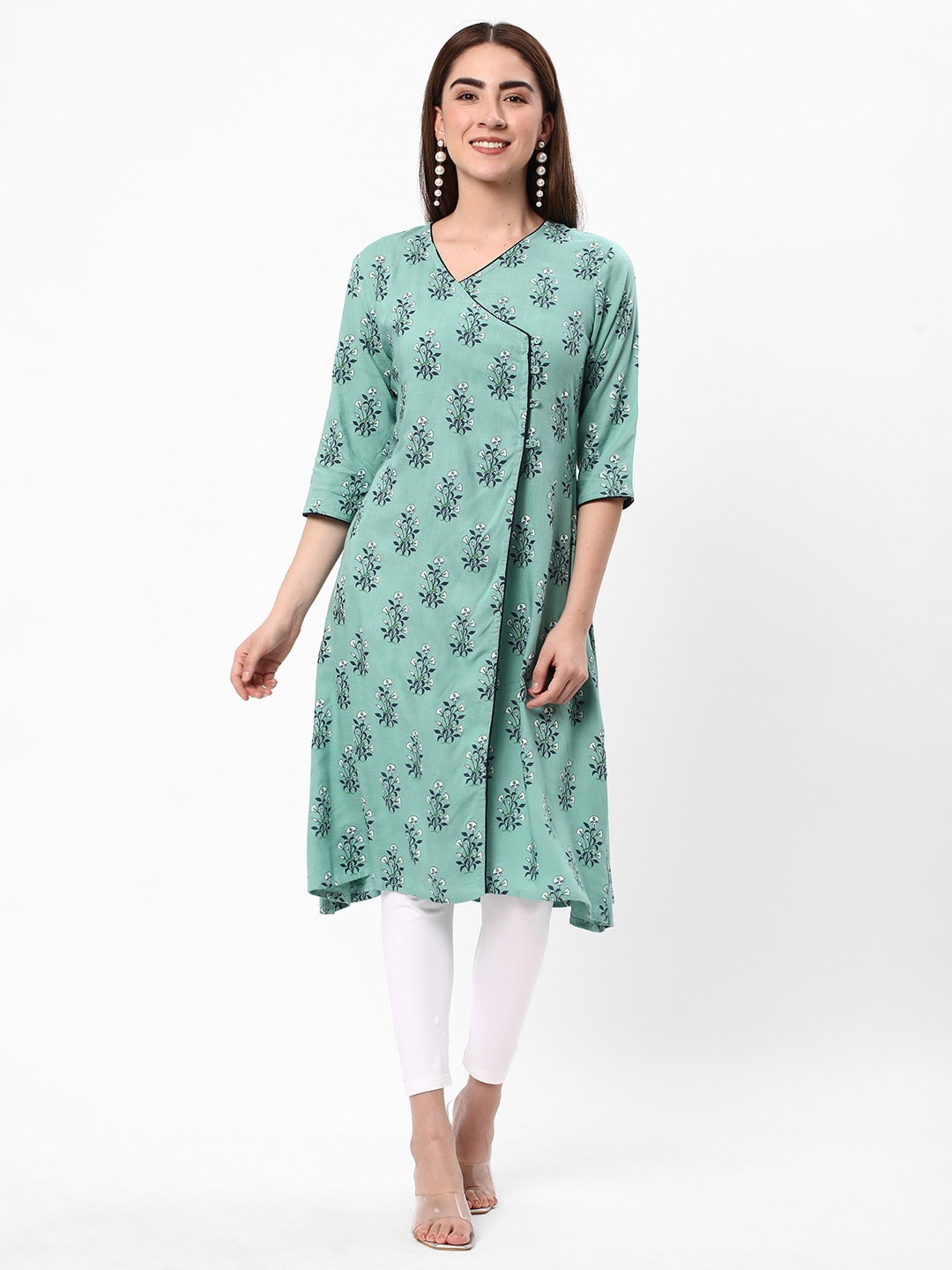 

R&B Ethnic Motifs Printed Angrakha Kurta, Green