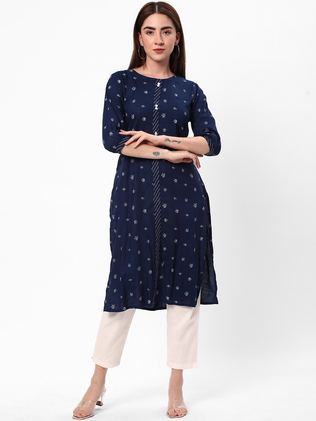 

R&B Ethnic Motifs Printed Straight Kurta, Navy blue
