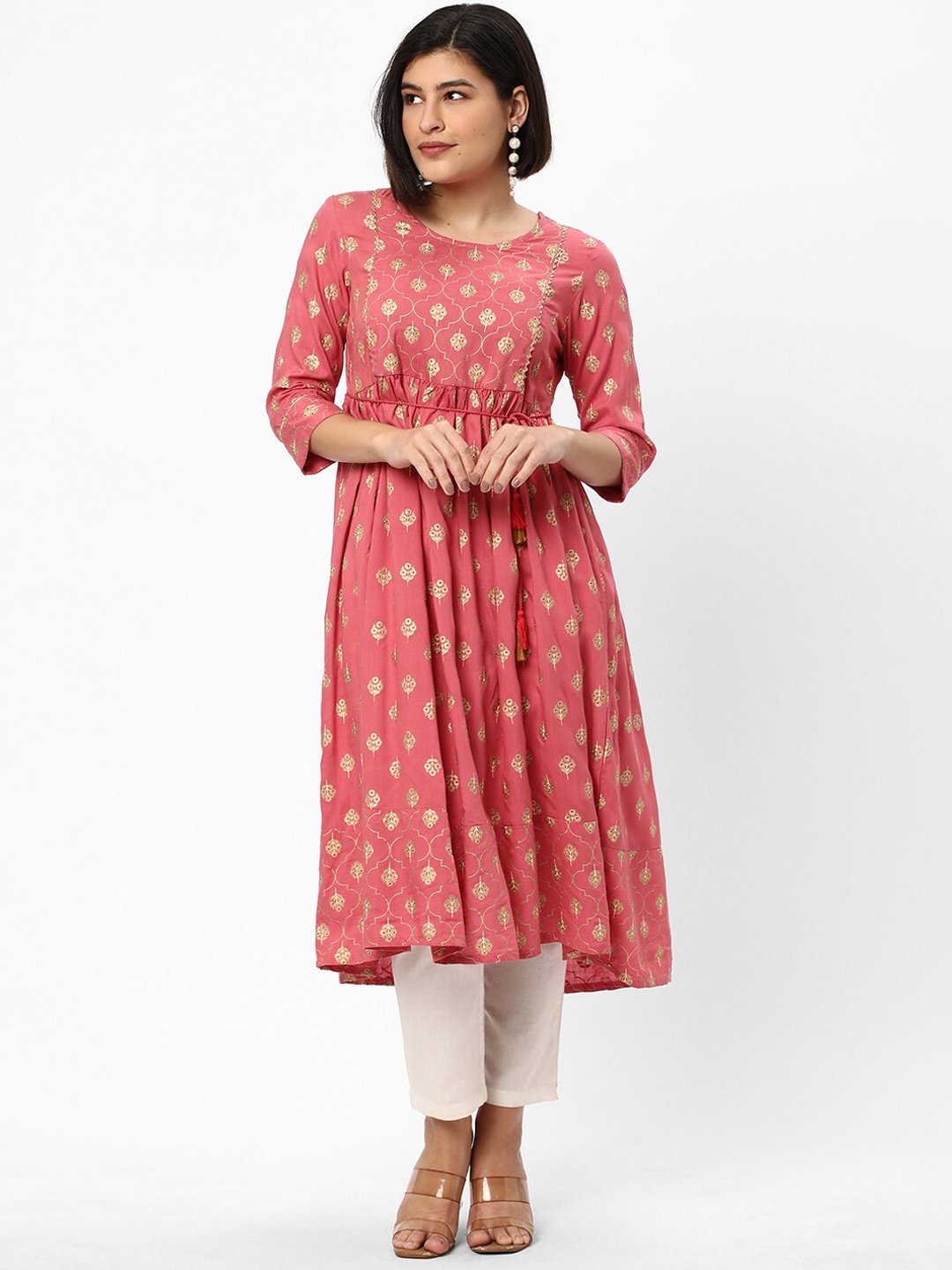 

R&B Ethnic Motifs Printed Gotta Patti Anarkali Kurta, Coral