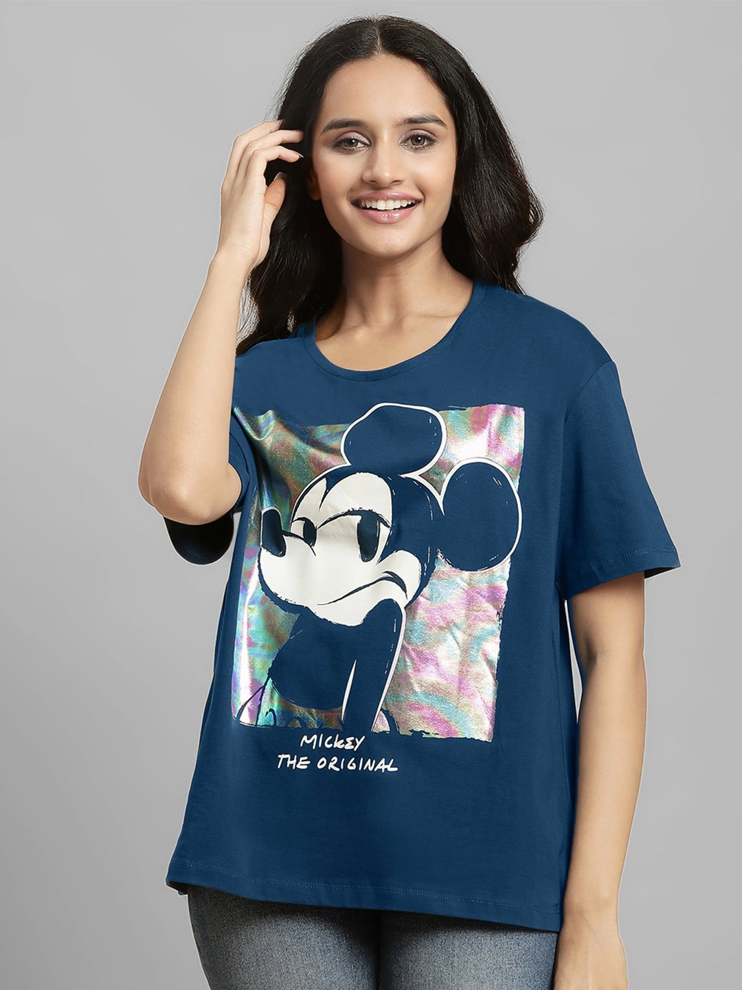Free Authority Mickey & Friends Printed Oversized Short Sleeves Pure Cotton T-shirts, Navy blue