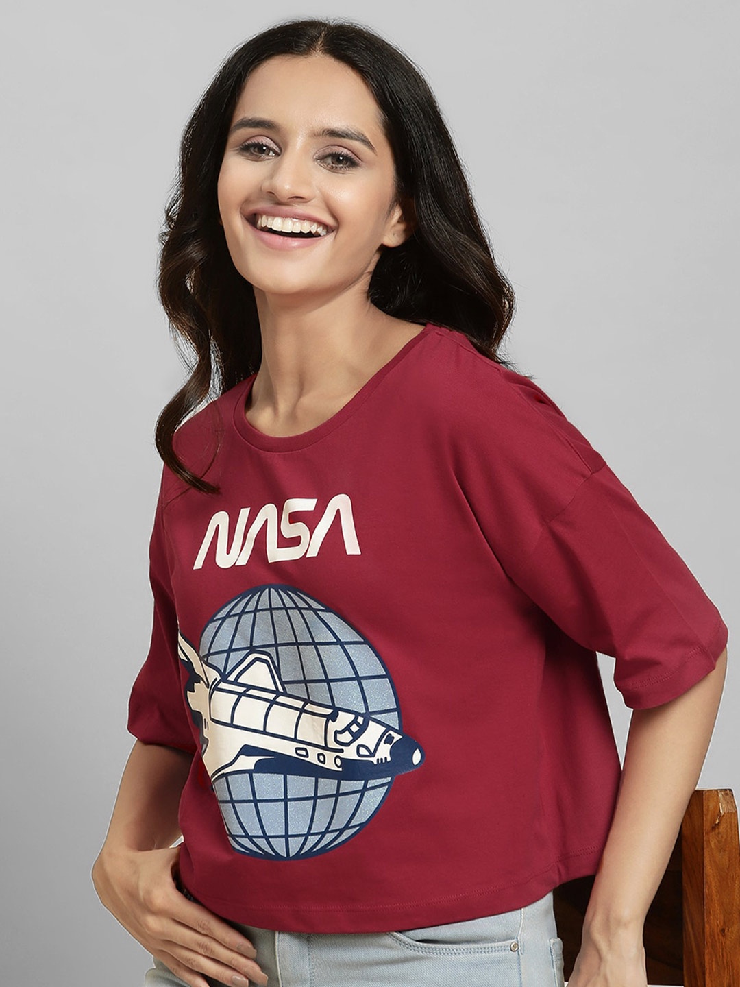 

Free Authority Nasa Printed Boxy Fit Short Sleeves Pure Cotton T-shirts, Maroon