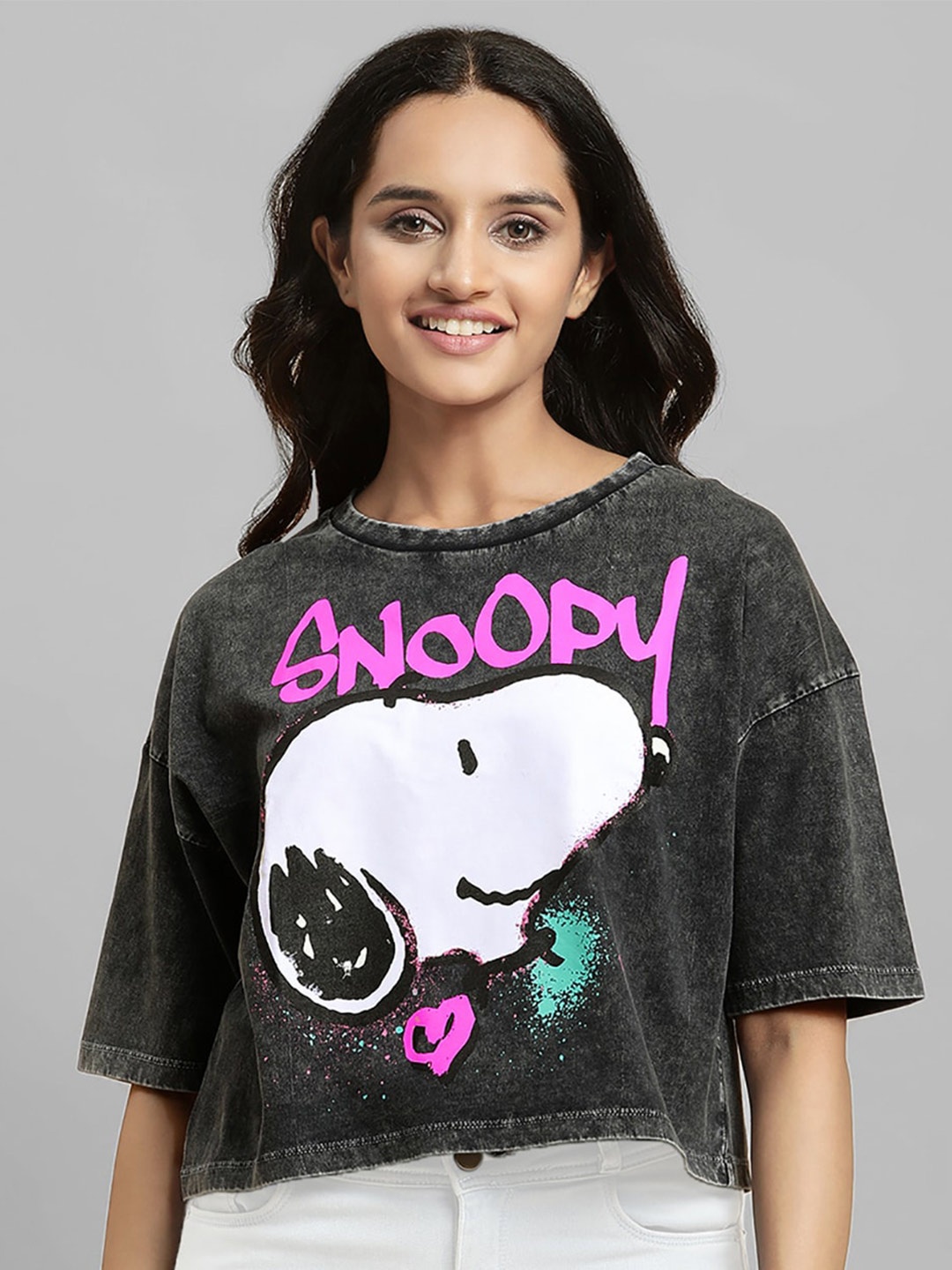 Free Authority Peanuts Snoopy Printed Boxy Fit Short Sleeves Pure Cotton T-shirts, Black