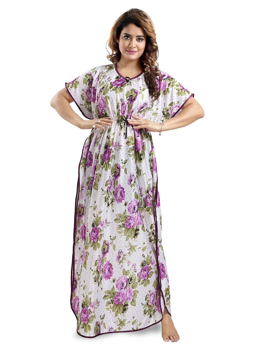 

FOMTI Floral Printed Satin Maxi Kaftan Nightdress, Purple