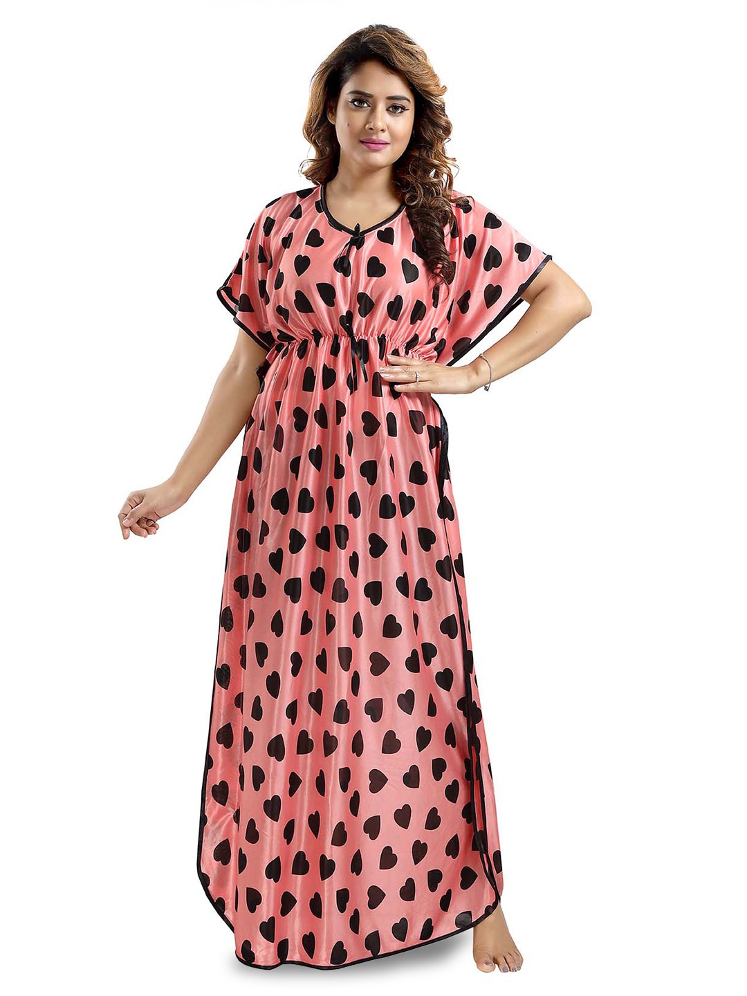 

FOMTI Graphic Printed Satin Maxi Kaftan Nightdress, Pink