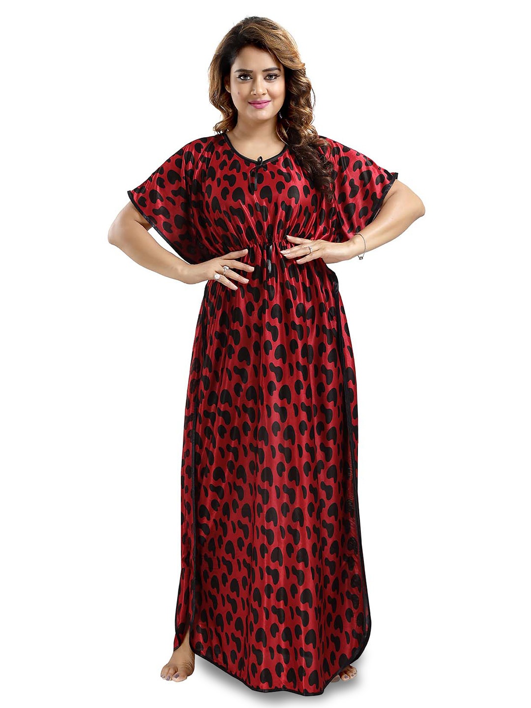 

FOMTI Abstract Printed Satin Maxi Kaftan Nightdress, Red