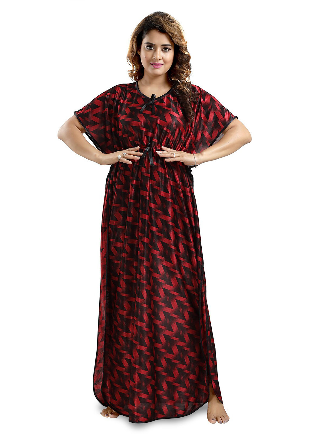 

FOMTI Geometric Printed Satin Maxi Kaftan Nightdress, Maroon