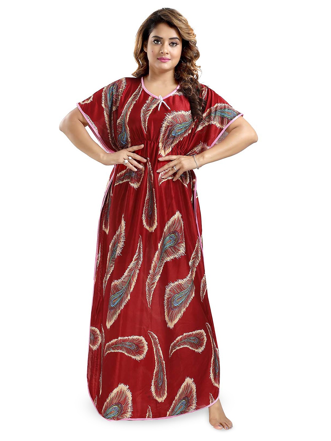 

FOMTI Abstract Printed Satin Maxi Kaftan Nightdress, Maroon