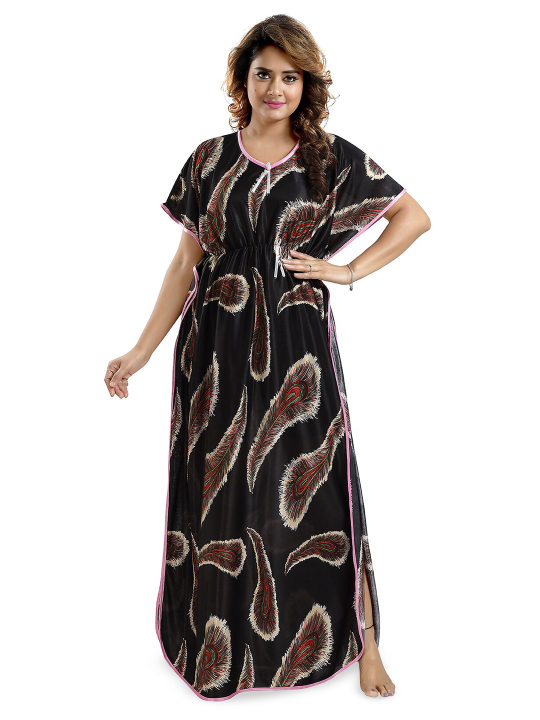 

FOMTI Abstract Printed Satin Maxi Kaftan Nightdress, Black