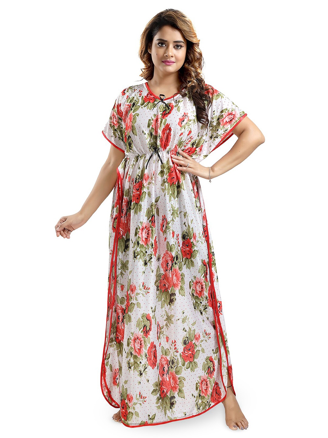 

FOMTI Floral Printed Satin Maxi Kaftan Nightdress, Red