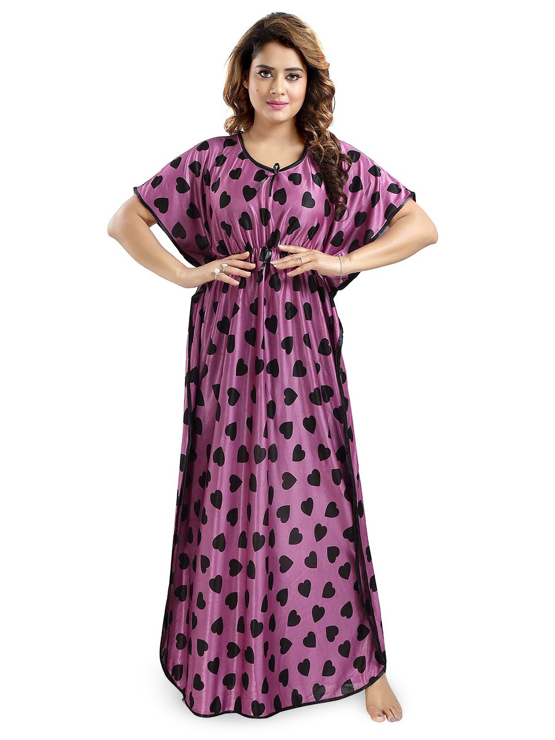 

FOMTI Conversational Printed Satin Maxi Kaftan Nightdress, Purple