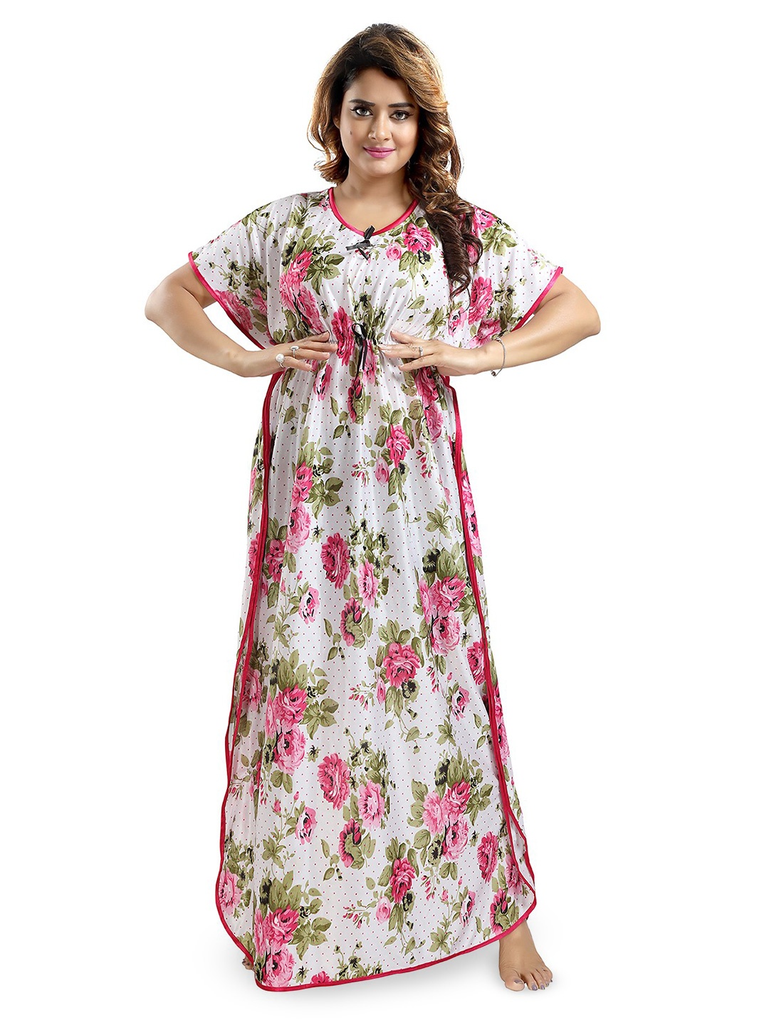 

FOMTI Floral Printed Satin Maxi Kaftan Nightdress, Pink