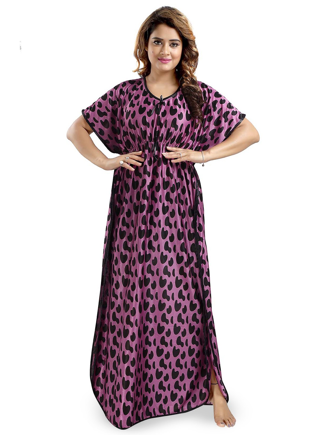 

FOMTI Abstract Printed Satin Maxi Kaftan Nightdress, Purple