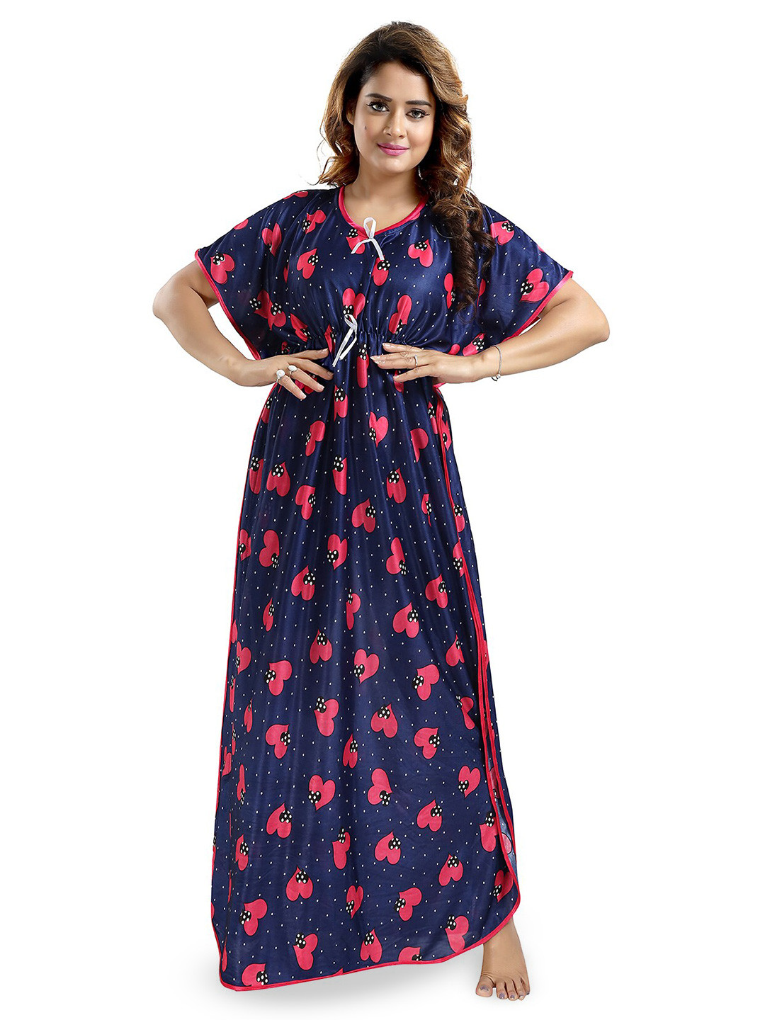 

FOMTI Graphic Printed Satin Maxi Kaftan Nightdress, Blue