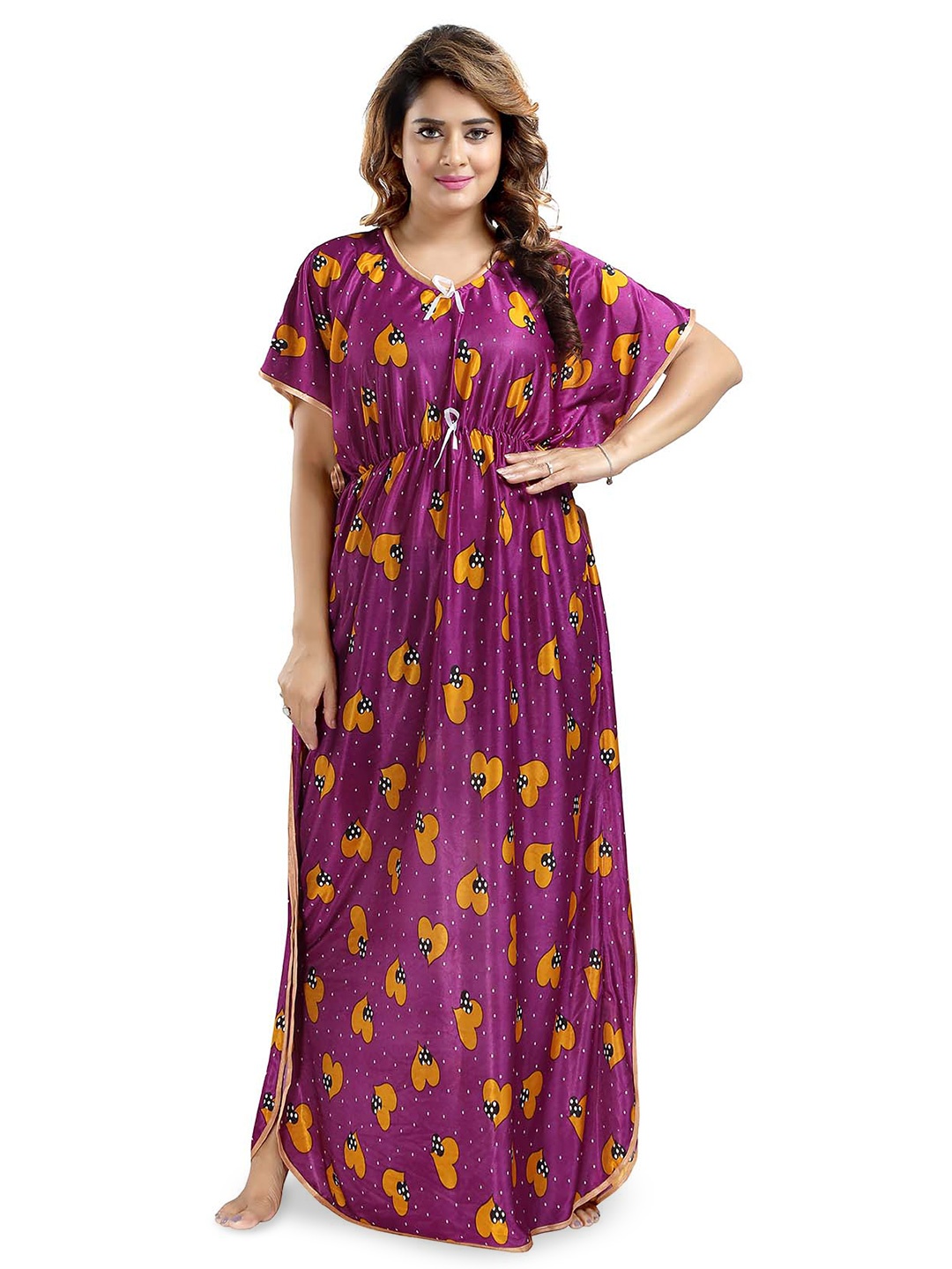 

FOMTI Graphic Printed Satin Maxi Kaftan Nightdress, Purple