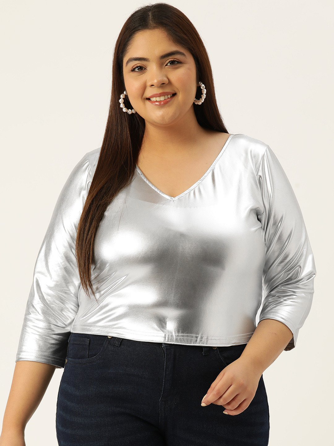 

theRebelinme Women Plus Size Sheen Blouson Crop Top, Silver