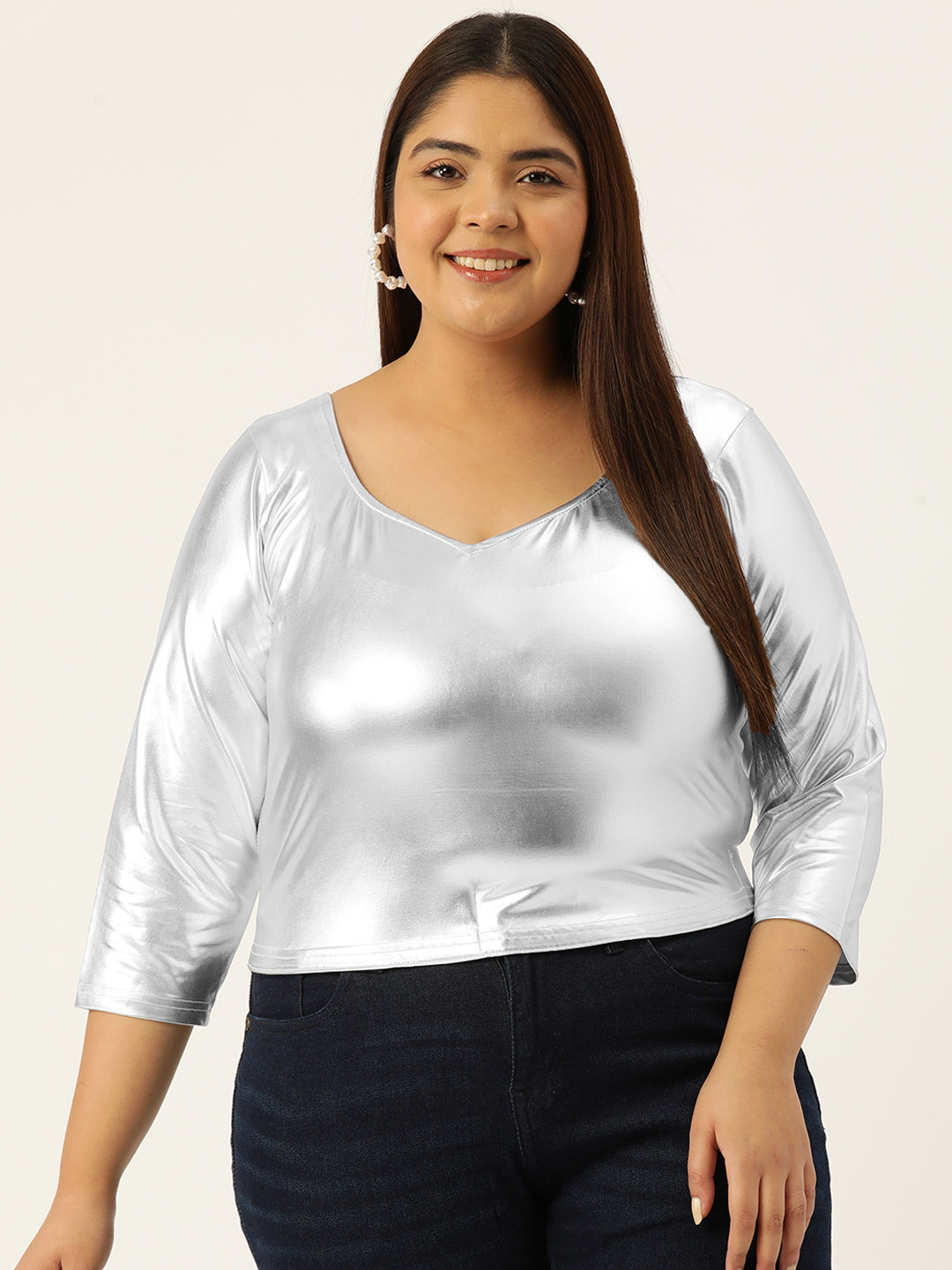 

theRebelinme Women Plus Size Sheen Blouson Crop Top, Silver