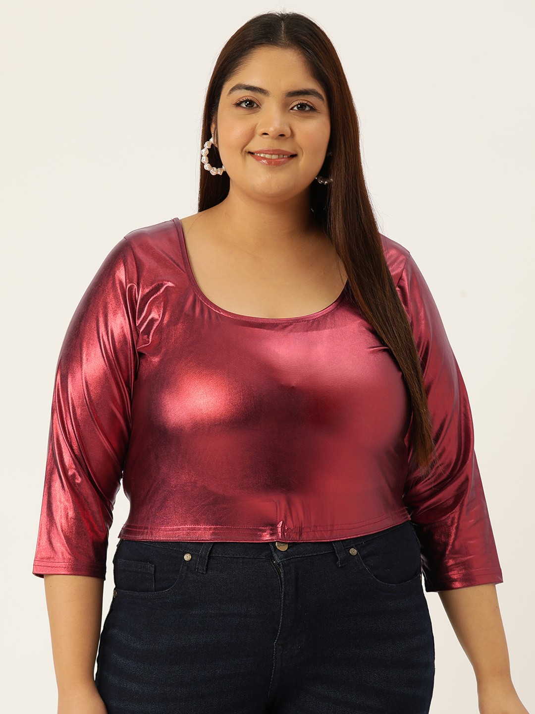

theRebelinme Women Plus Size Sheen Blouson Crop Top, Maroon