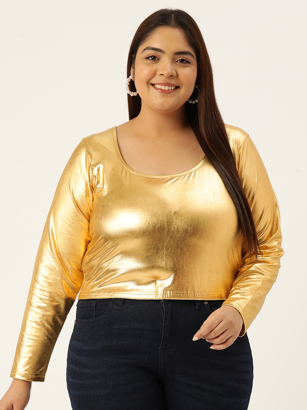 

theRebelinme Women Plus Size Sheen Blouson Crop Top, Gold