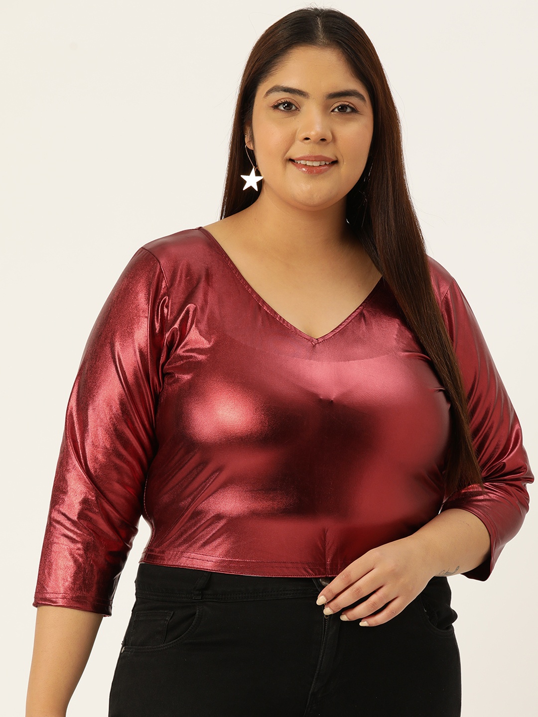 

theRebelinme Women Plus Size Sheen Blouson Crop Top, Maroon