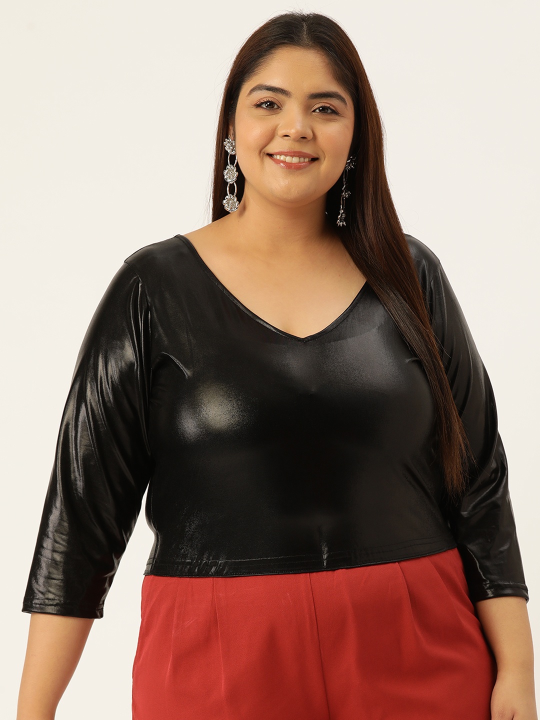 

theRebelinme Women Plus Size Sheen Blouson Crop Top, Black