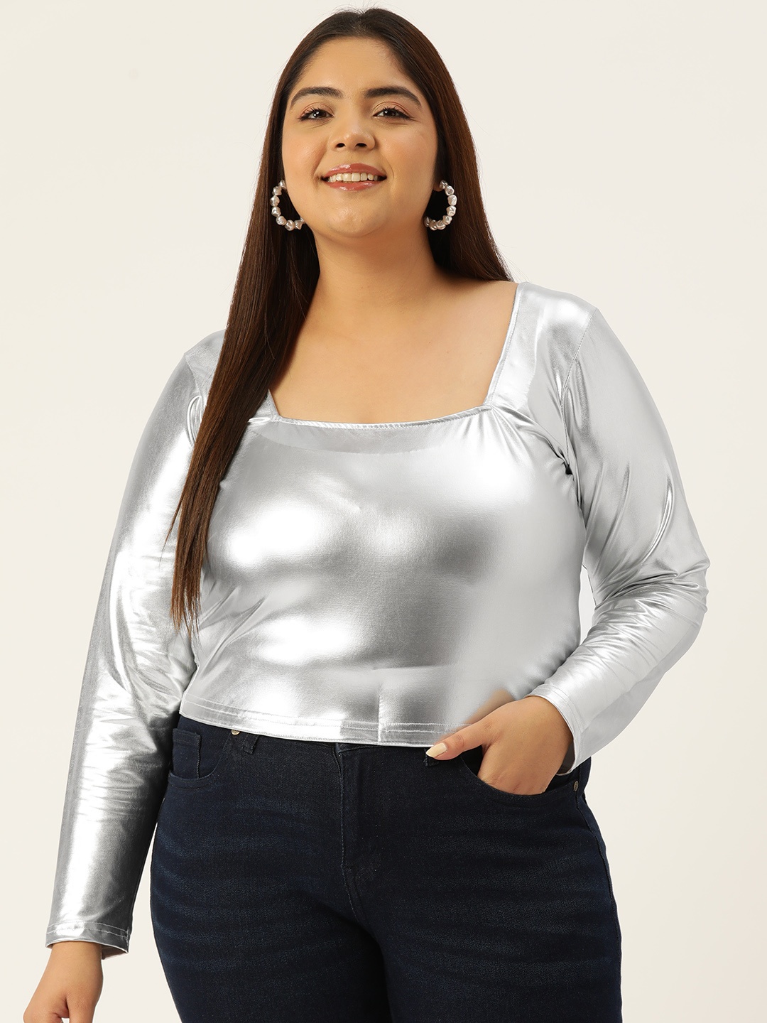 

theRebelinme Women Plus Size Sheen Blouson Crop Top, Silver