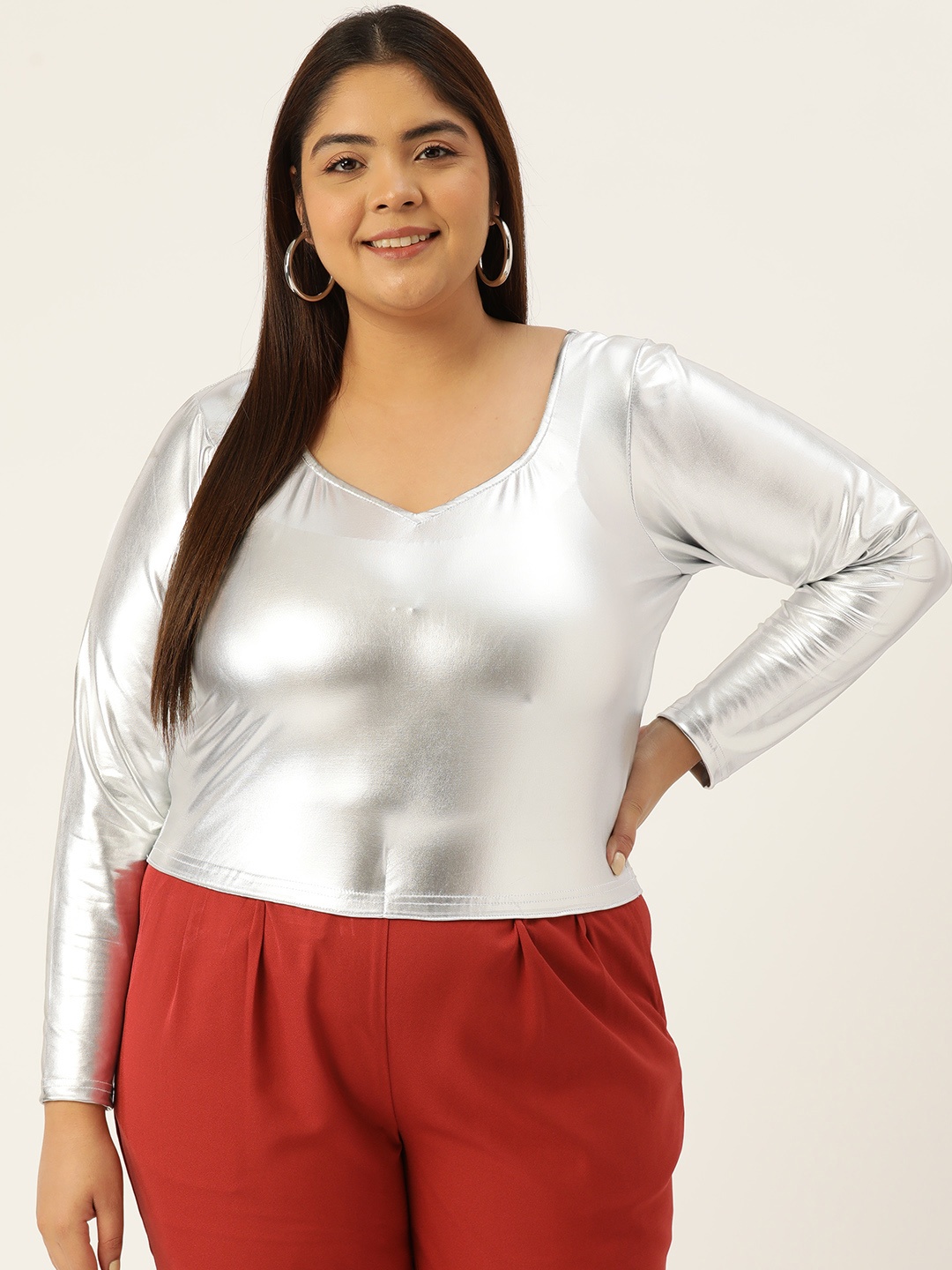 

theRebelinme Women Plus Size Sheen Blouson Crop Top, Silver