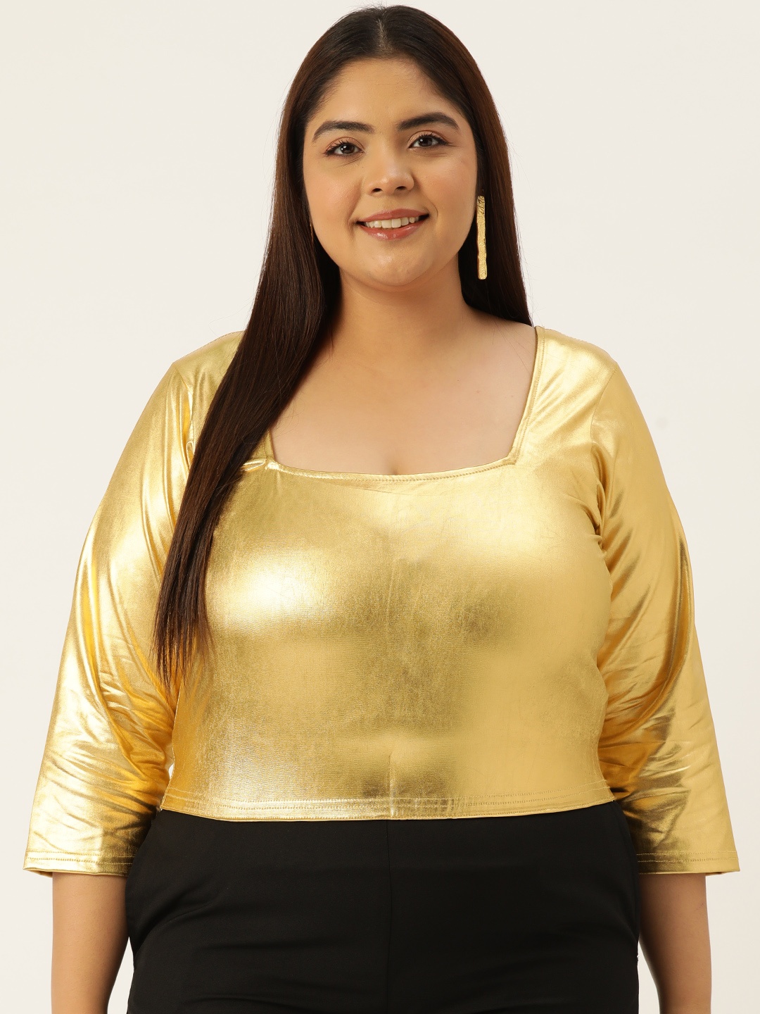 

theRebelinme Women Plus Size Sheen Blouson Crop Top, Gold