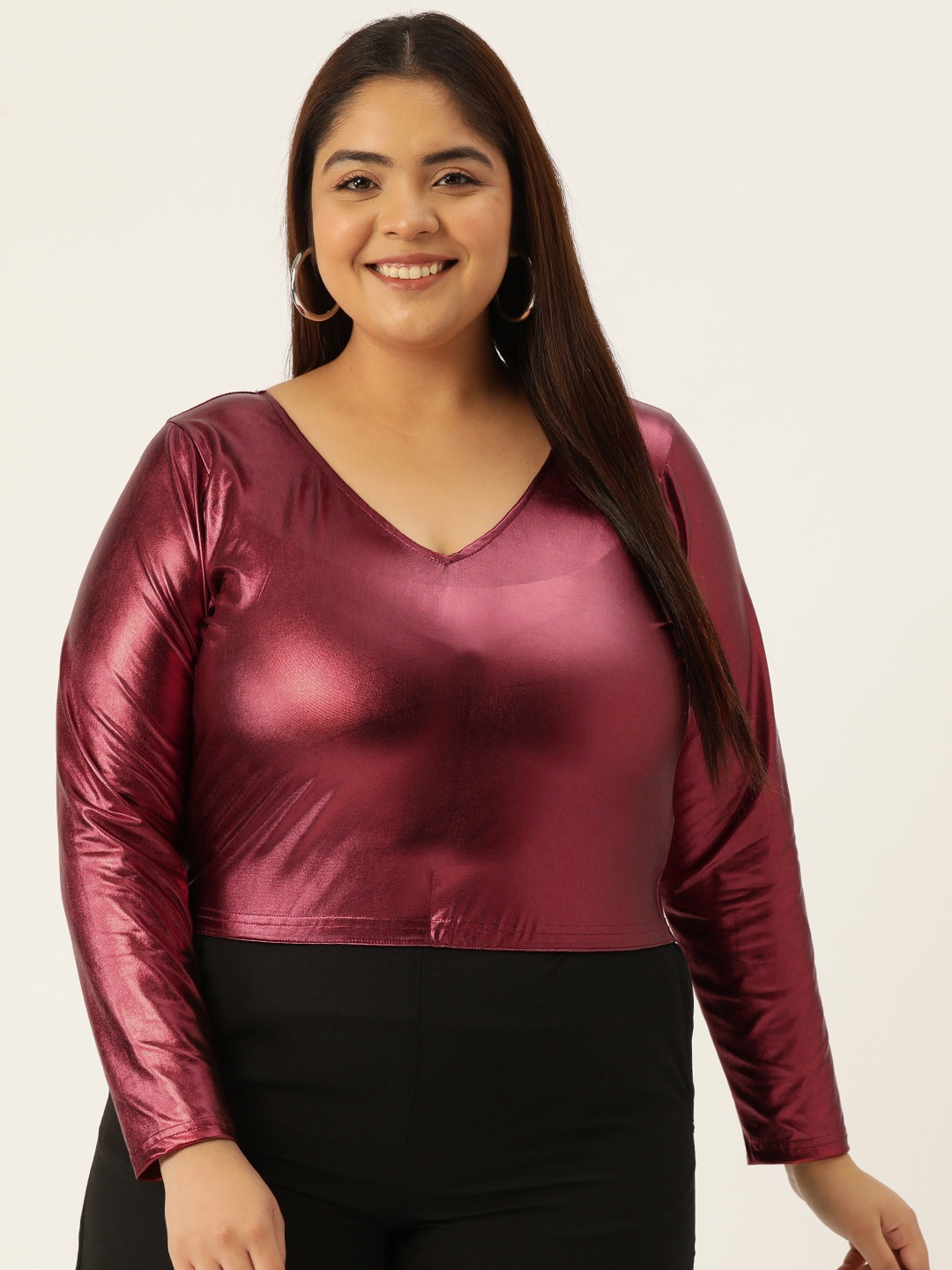 

theRebelinme Women Plus Size Sheen Blouson Crop Top, Maroon