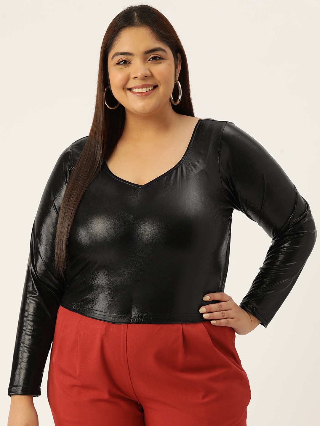 

theRebelinme Women Plus Size Sheen Blouson Crop Top, Black