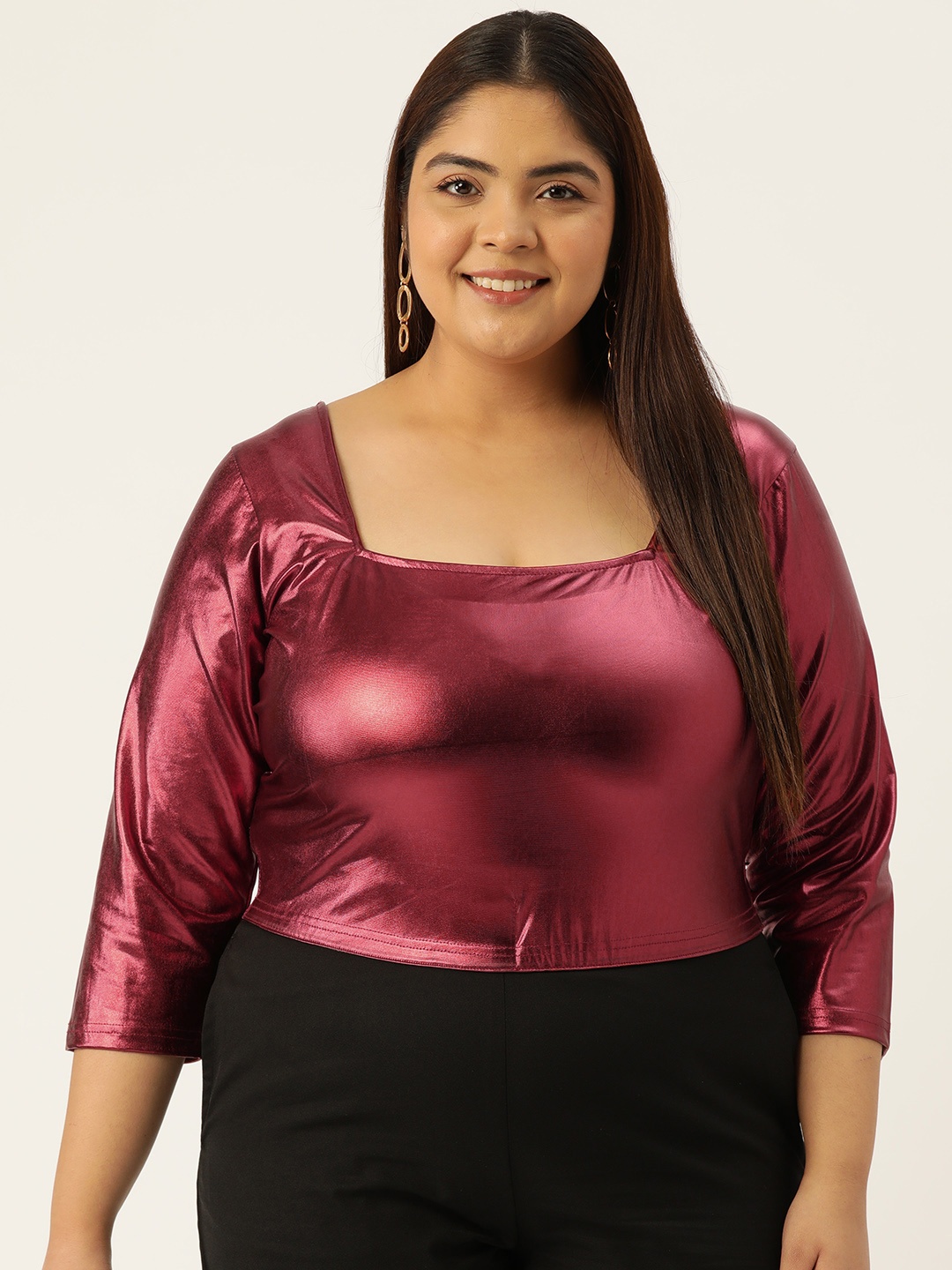

theRebelinme Women Plus Size Sheen Blouson Crop Top, Maroon