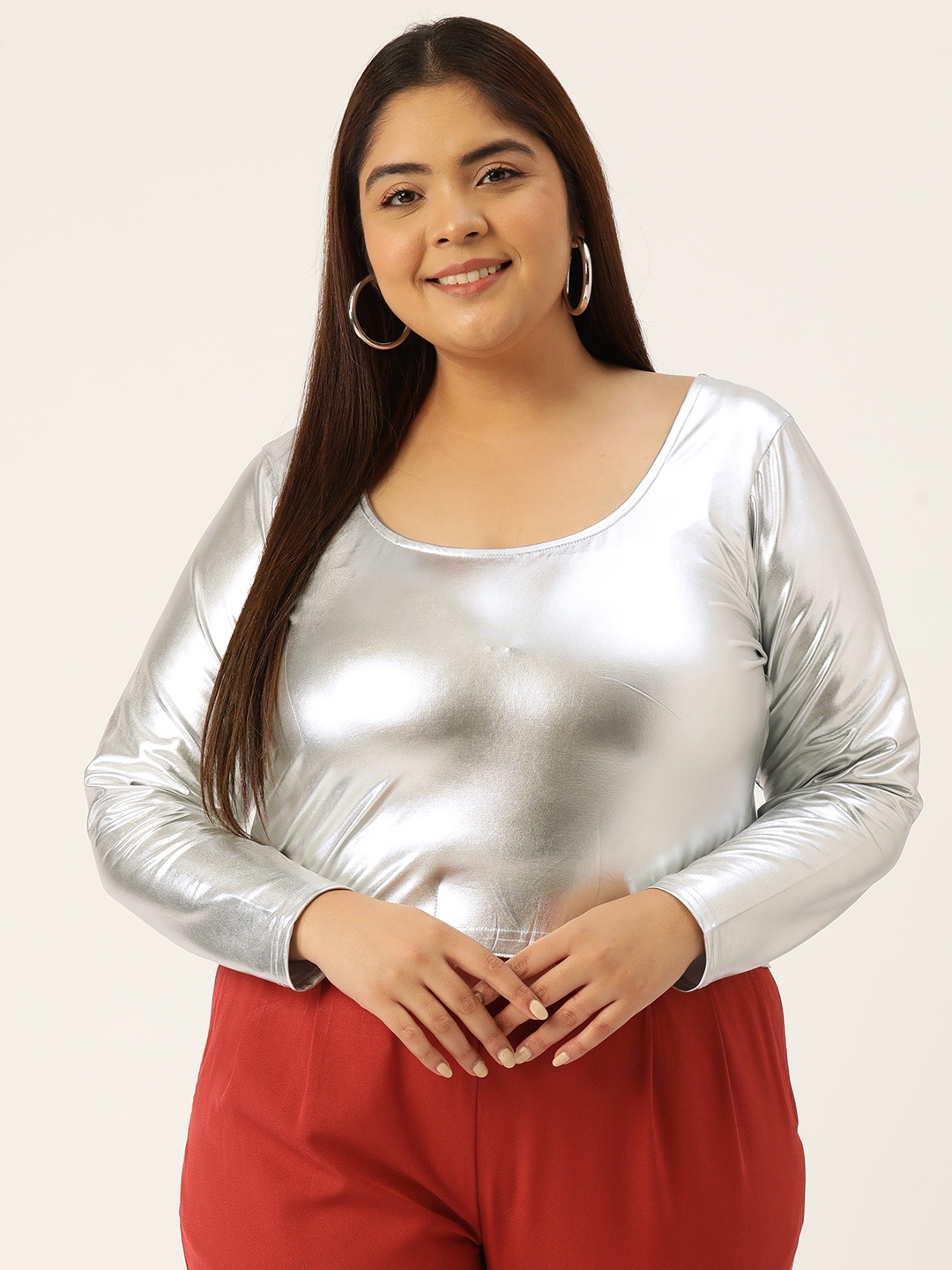 

theRebelinme Women Plus Size Sheen Blouson Crop Top, Silver