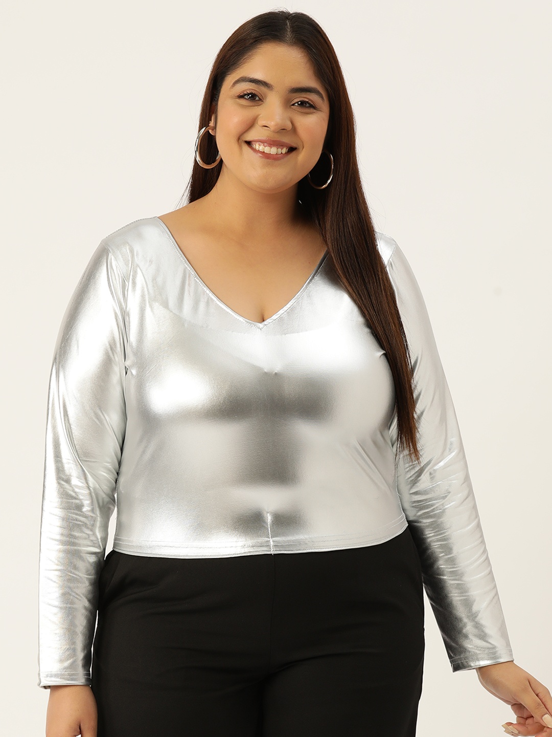 

theRebelinme Women Plus Size Sheen Blouson Crop Top, Silver