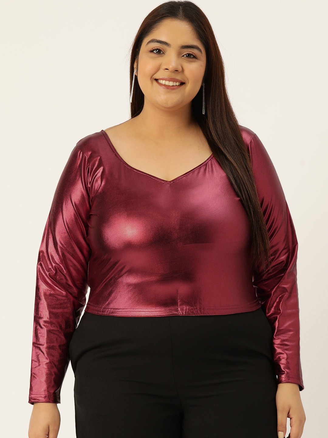 

theRebelinme Women Plus Size Sheen Blouson Crop Top, Maroon