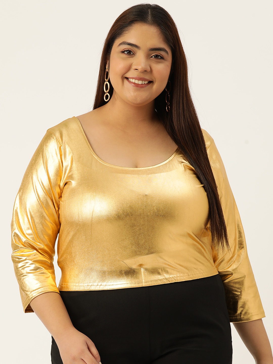 

theRebelinme Women Plus Size Sheen Blouson Crop Top, Gold