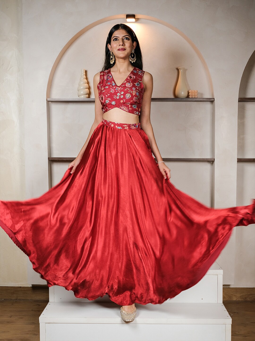 

HANDME Floral Printed Ready To Wear Lehenga With Blouse, Red