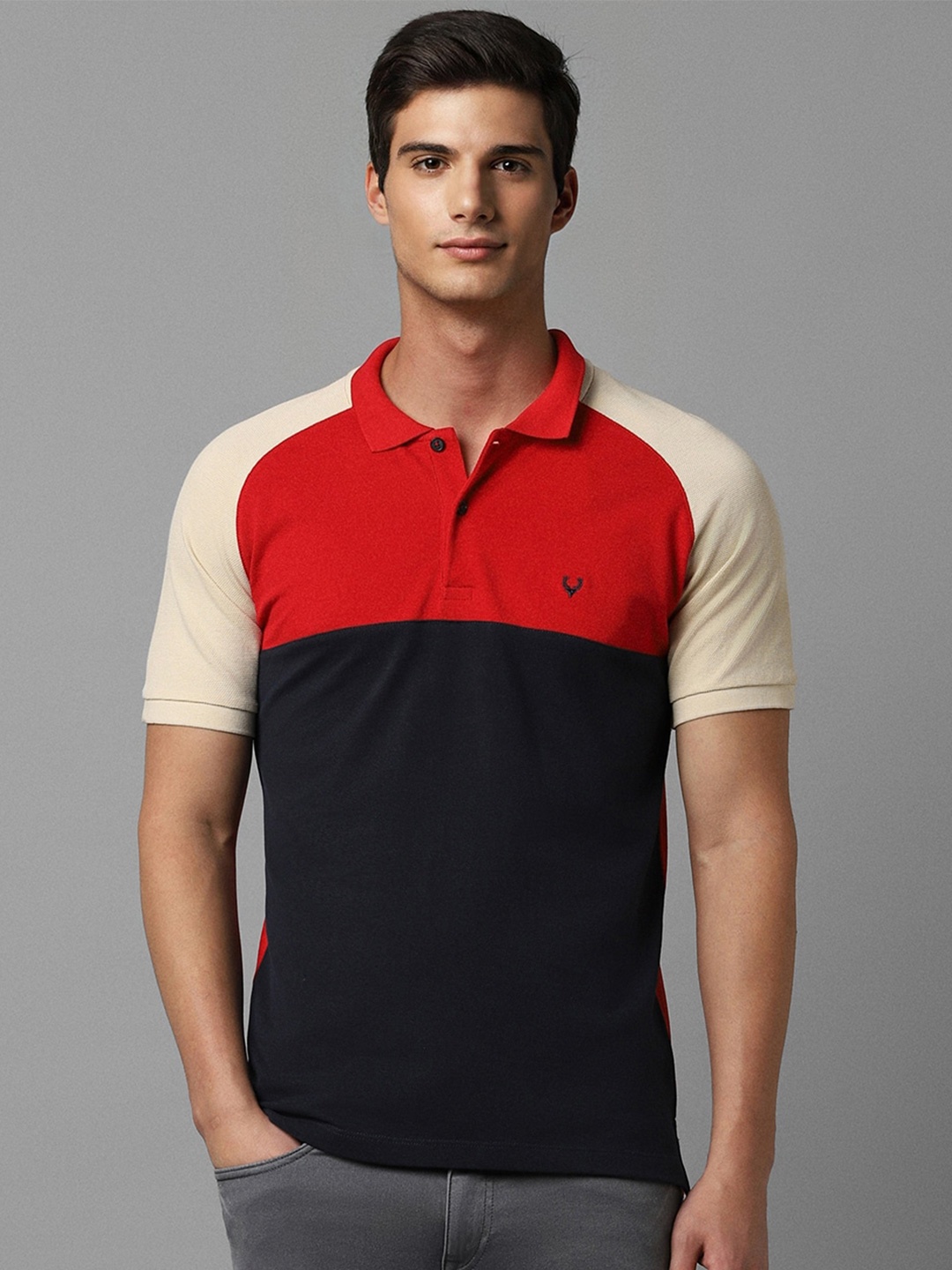 

Allen Solly Colourblocked Polo Collar Raglan Sleeves Pure Cotton T-shirt, Beige