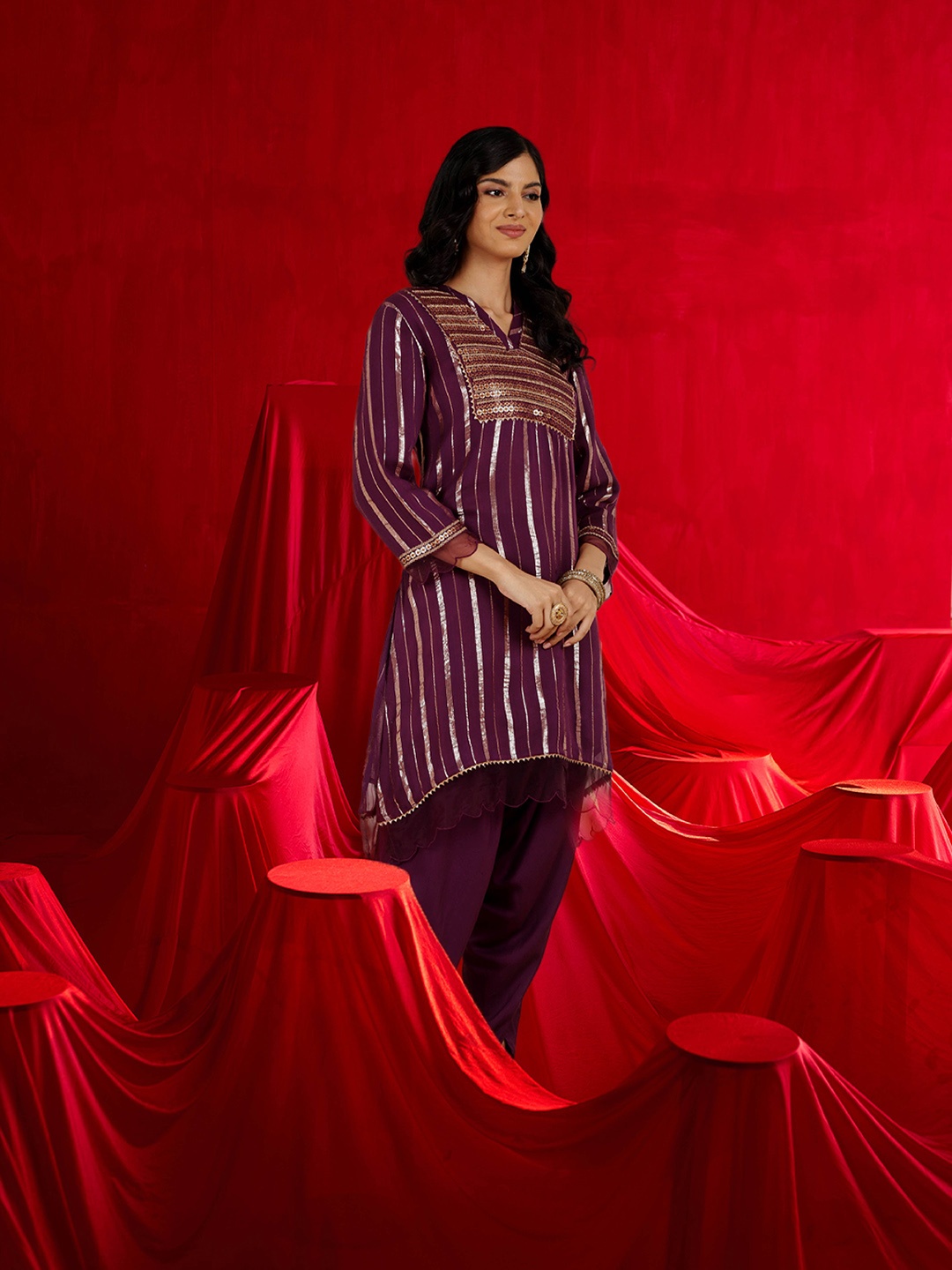 

Lakshita Striped Regular Sequinned Straight A-Line Kurta with Dhoti Pants, Purple