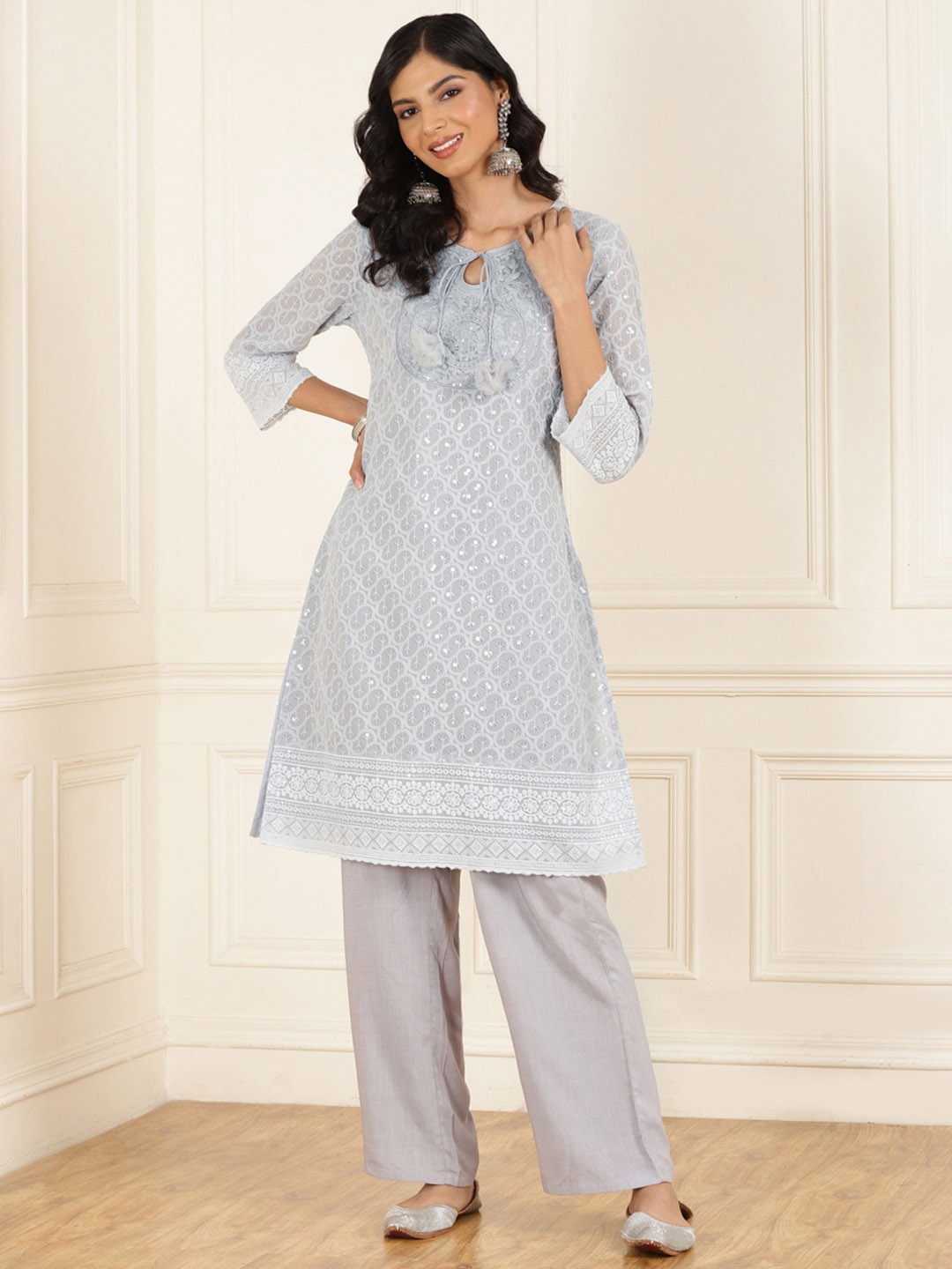 

Lakshita Ethnic Motifs Embroidered Regular Thread Work Kurta With Trouser, Grey