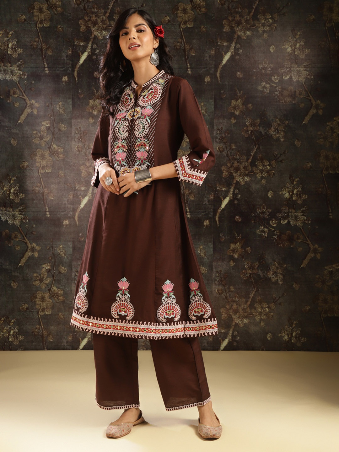 

Lakshita Floral Embroidered A-Line Kurta with Trousers, Brown