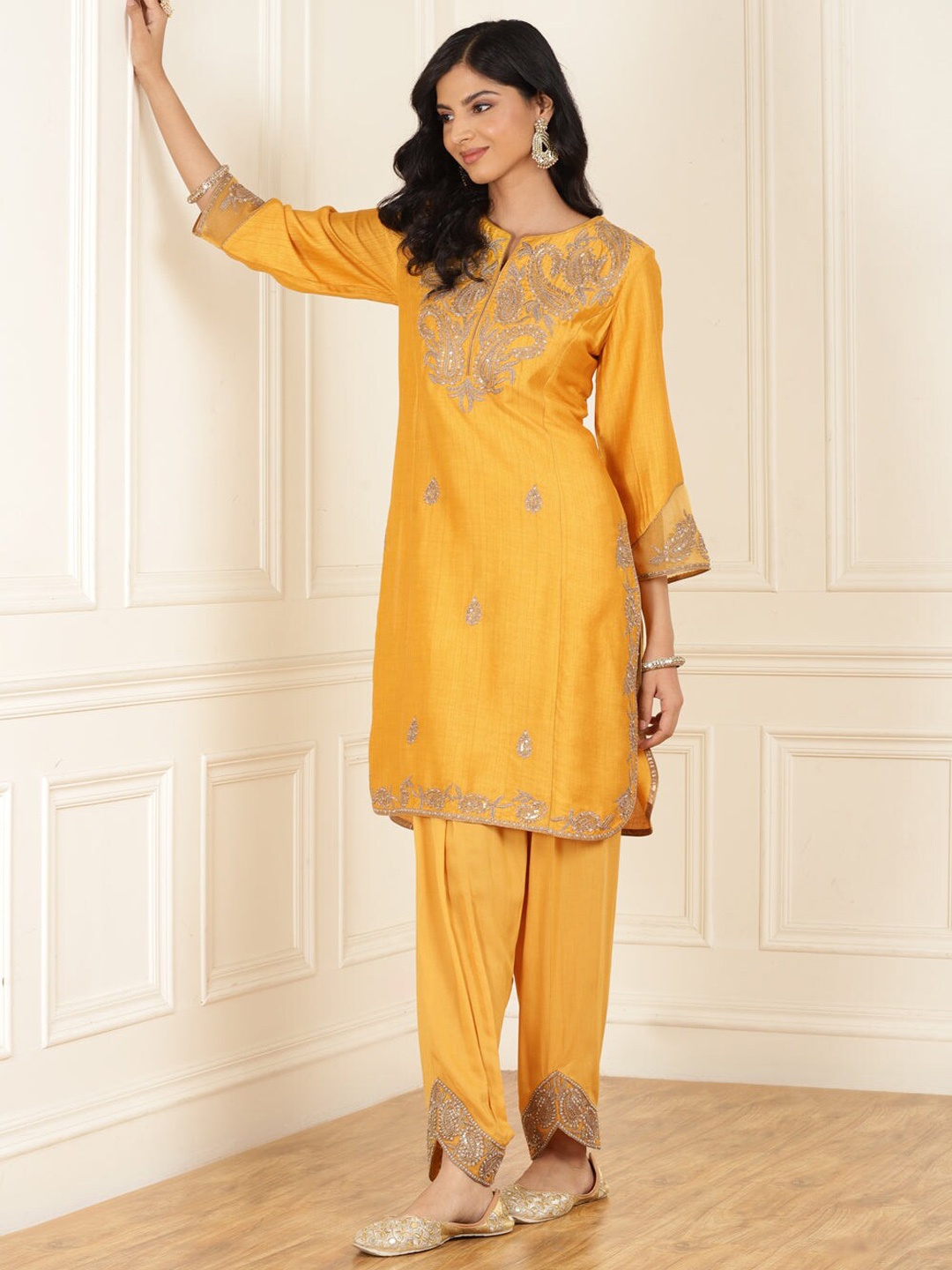 

Lakshita Paisley Embroidered Thread Work Straight Kurta with Trousers, Mustard